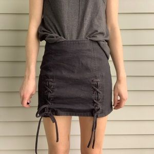 Back Zip Tie Front Mini Skirt Black Denim